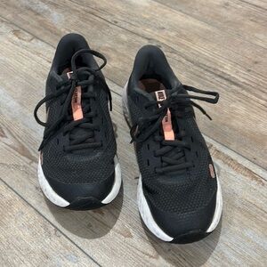 Nike Revolution Youth Big Girls Size 5 black with Rose gold pink swoosh